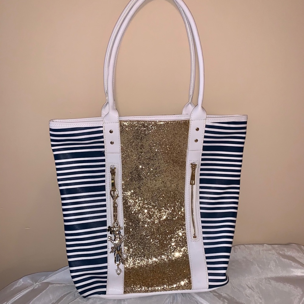 Icing Large Beach Tote with Navy Stripes and Gold